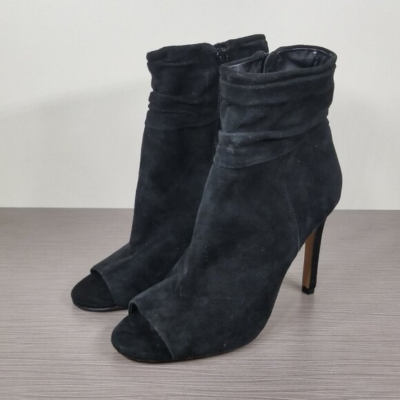 Vince Camuto Keyna Peep Toe Booties, Black Suede, Womens Size 8 M / 38 - Picture 1 of 12